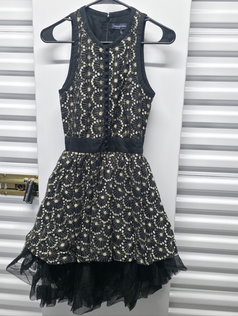 French Connection Black Party Dress Gold Lace Tulle Skirt Baroque Coquette Glam